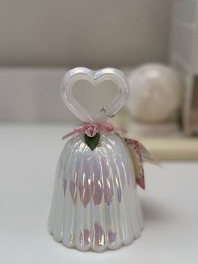 Vintage Fenton Iridescent White Glass Bell with Scalloped Edge and Rose Accent